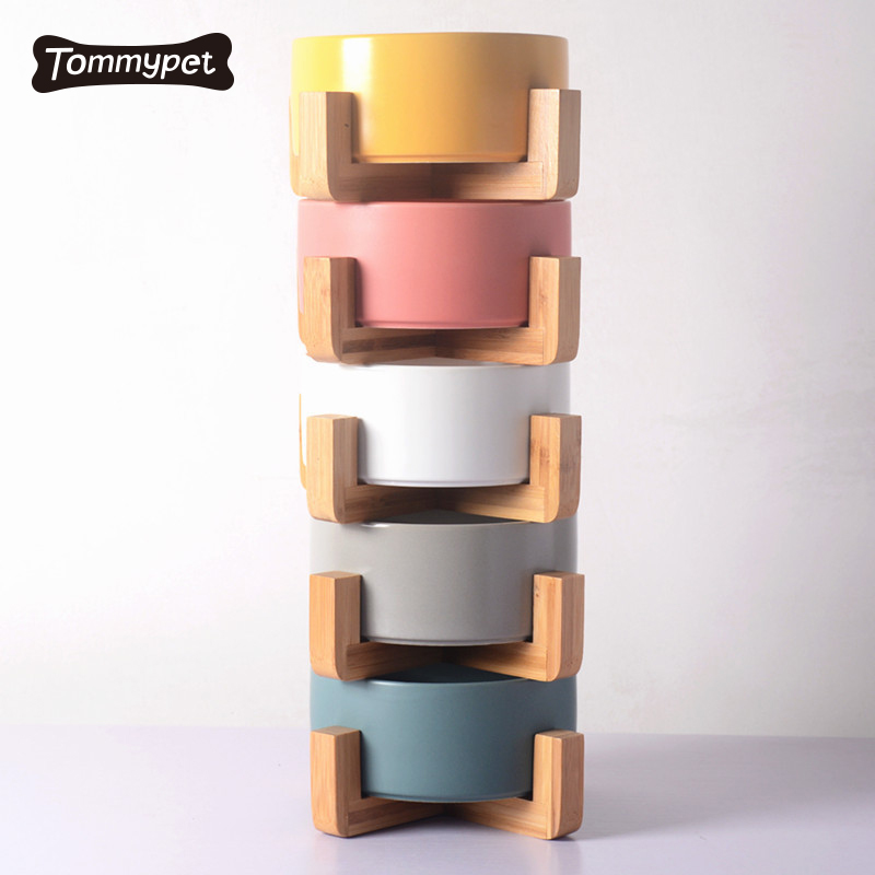 Fabricant en gros multi couleurs cadre en bois en céramique pet chat chien bol